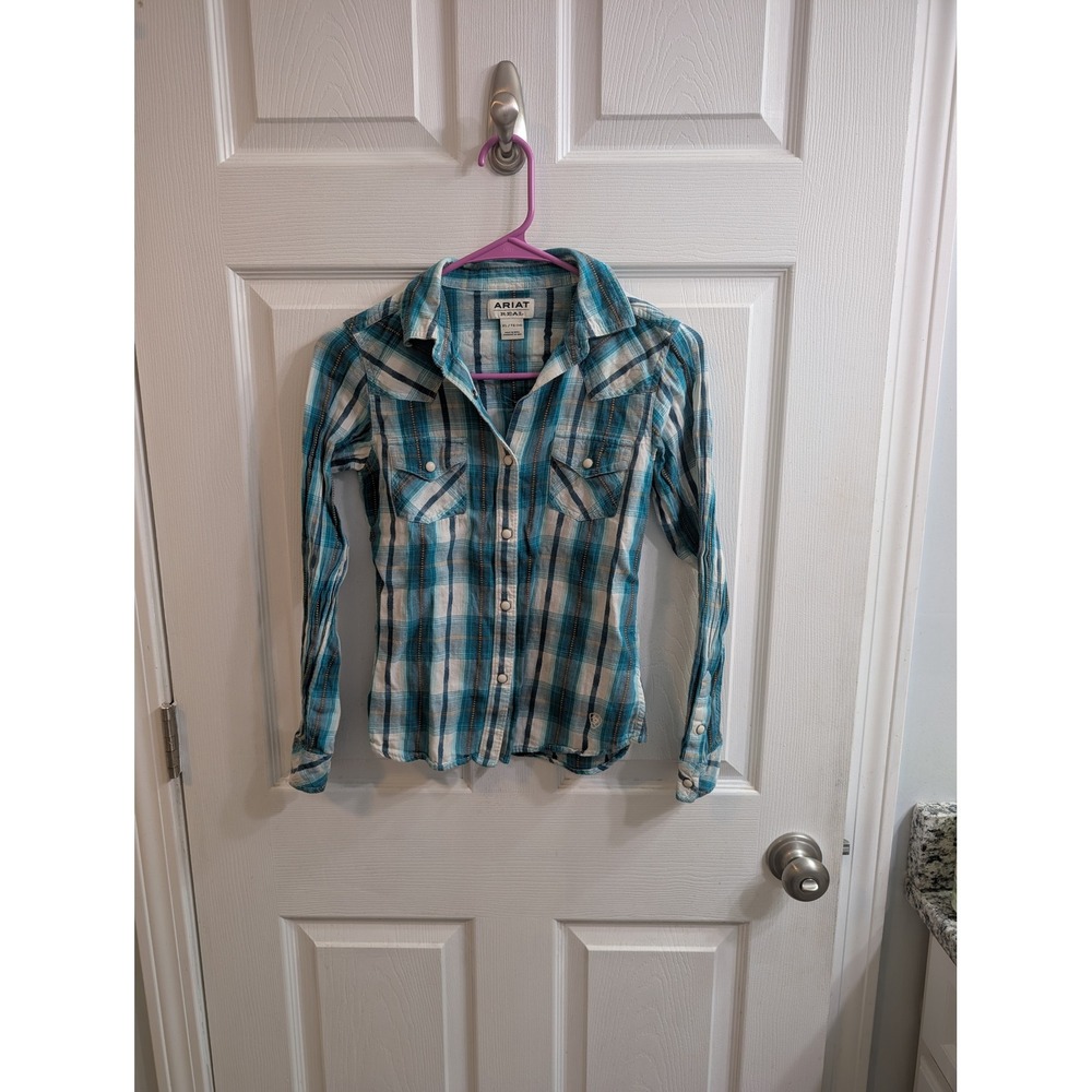 Ariat Womens R.E.A.L. Western Plaid Snap Front Shirt Teal Tan - Size XL